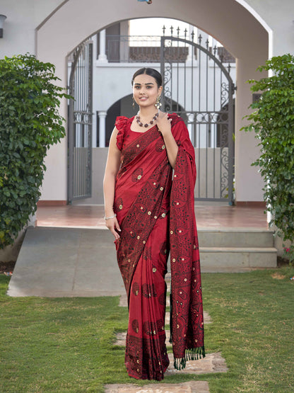 MANOHARI Banarasi Silk Blend Jacquard Work Saree - Red - Dista