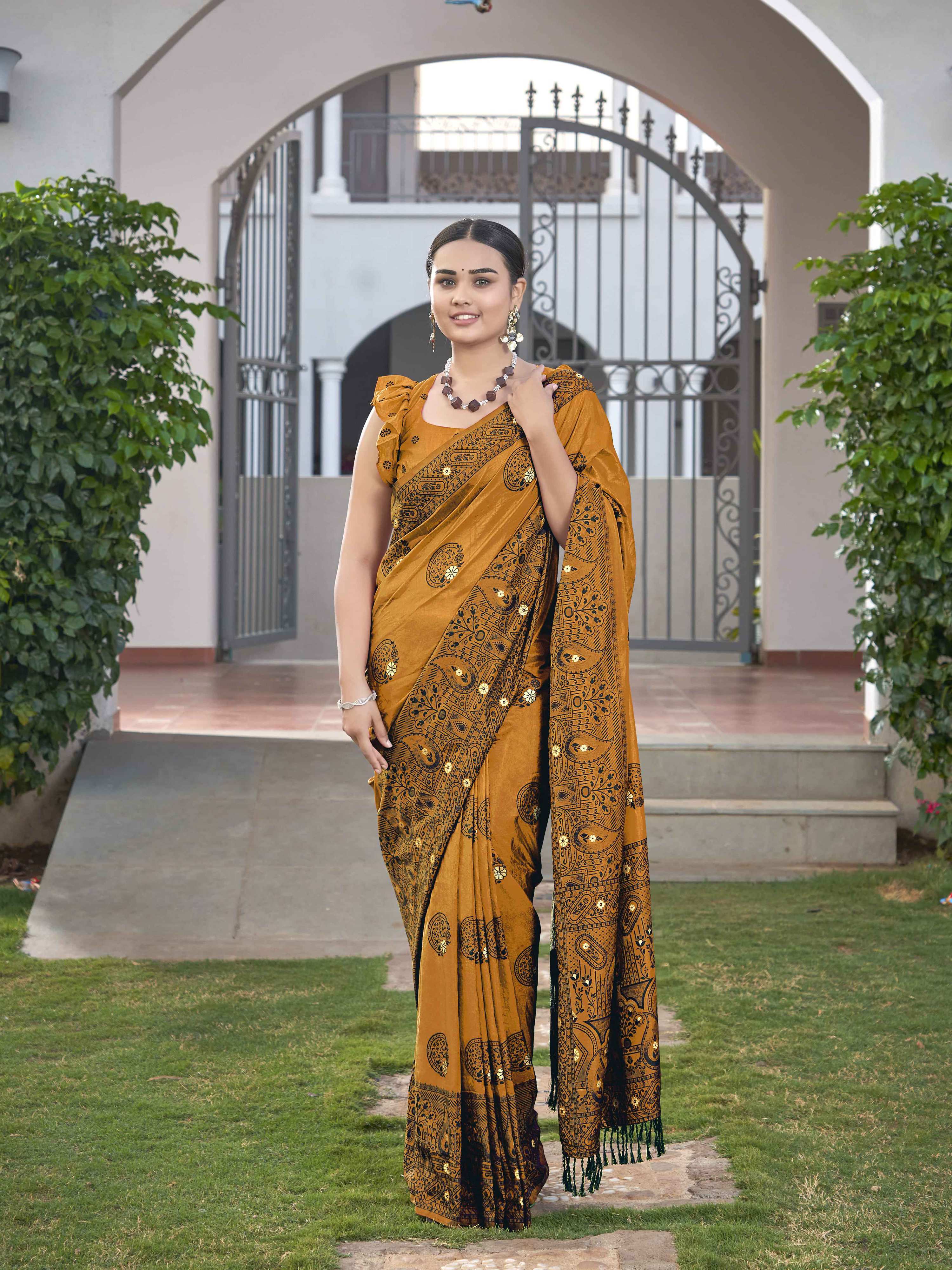 MANOHARI Banarasi Silk Blend Jacquard Work Saree - Mustard - Dista