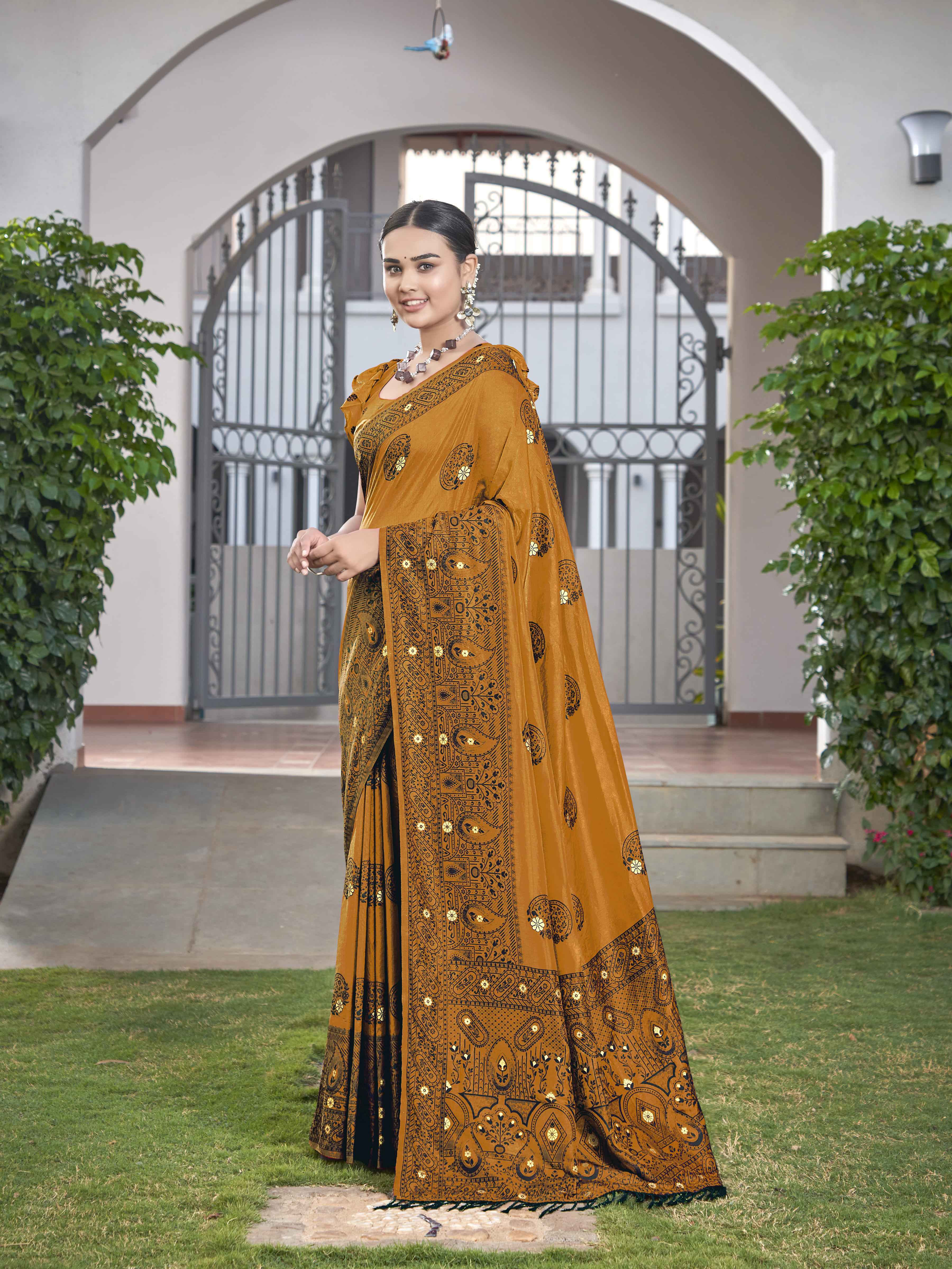 MANOHARI Banarasi Silk Blend Jacquard Work Saree - Mustard - Dista