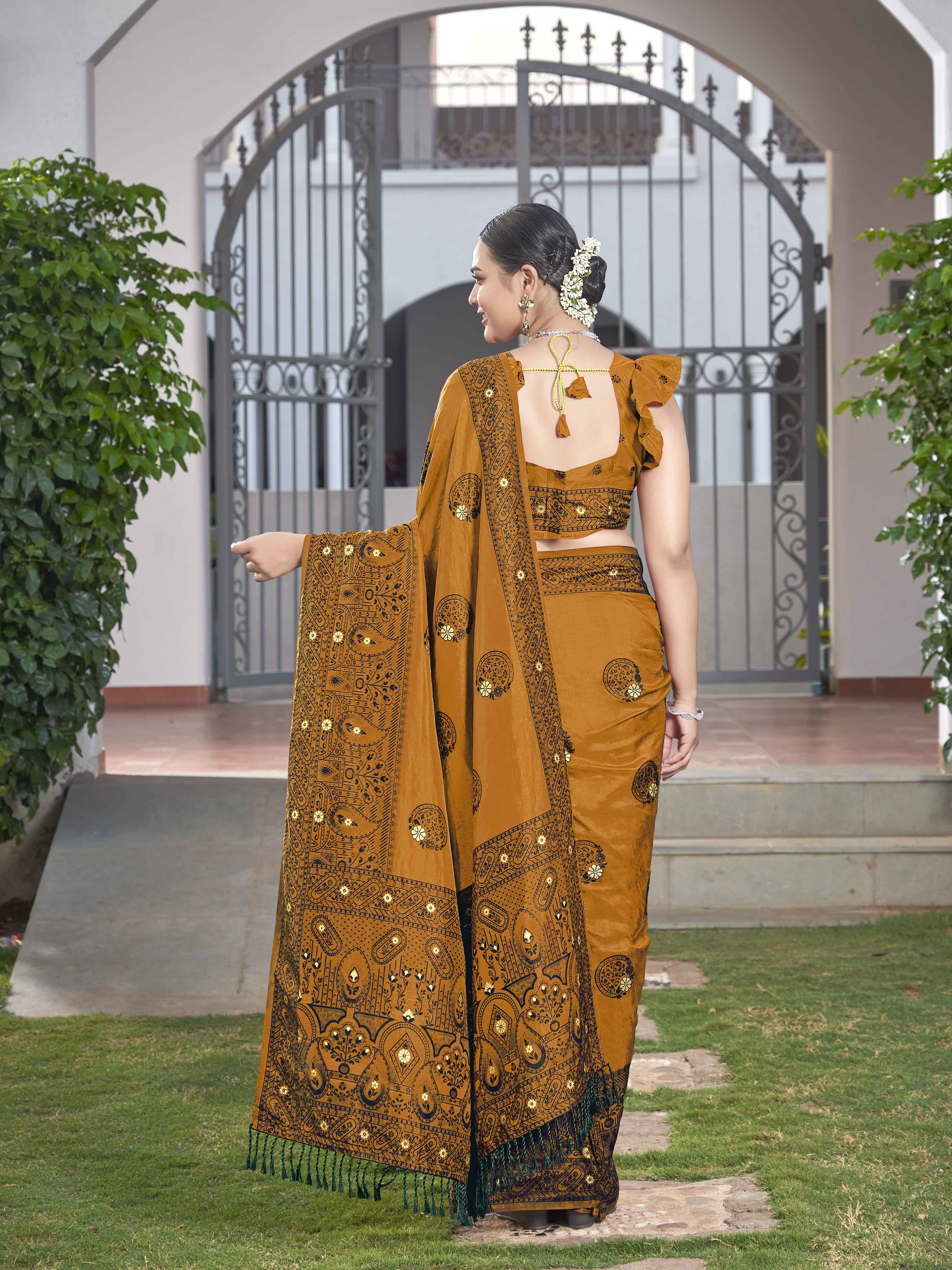 MANOHARI Banarasi Silk Blend Jacquard Work Saree - Mustard - Dista