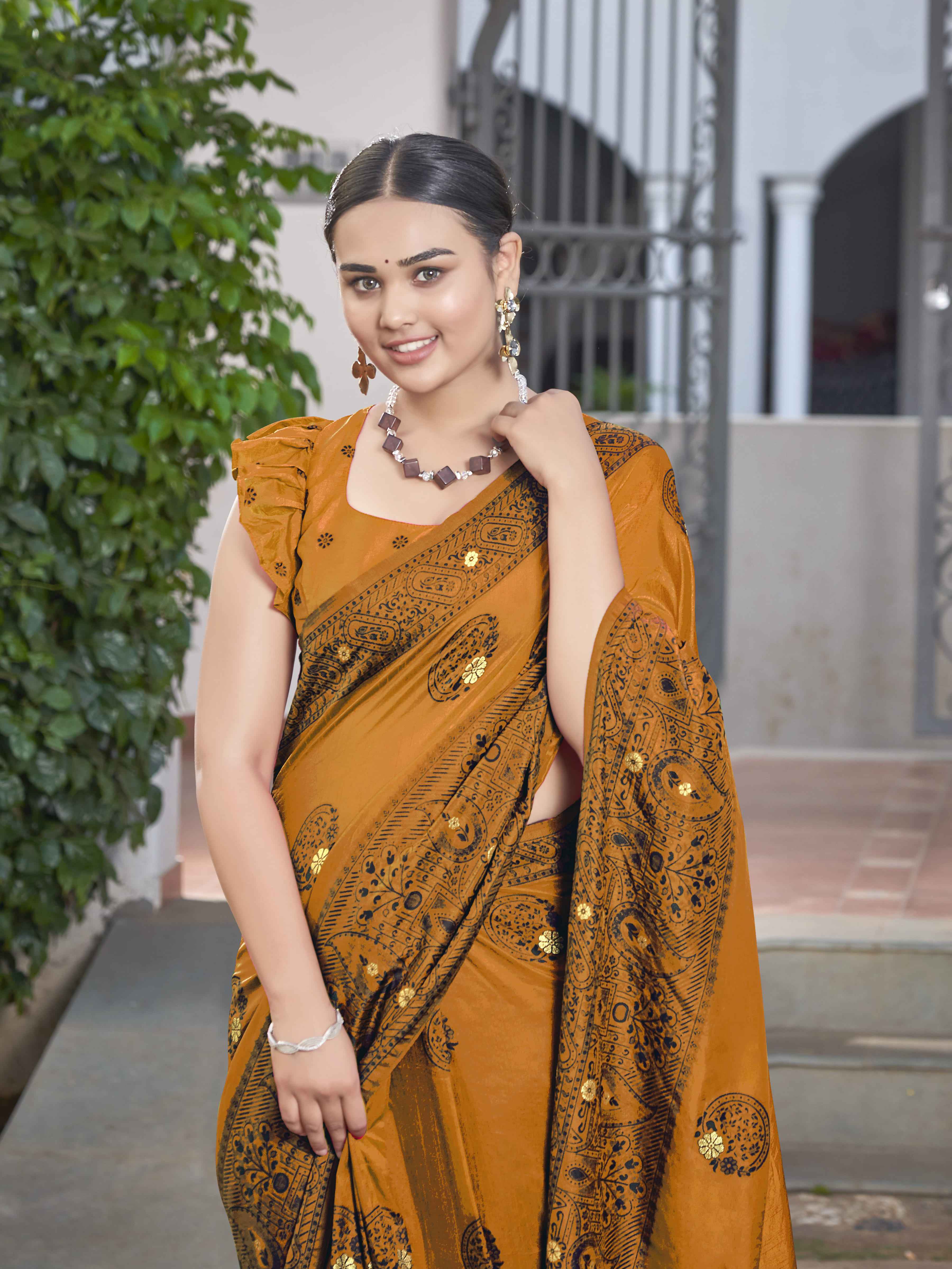 MANOHARI Banarasi Silk Blend Jacquard Work Saree - Mustard - Dista