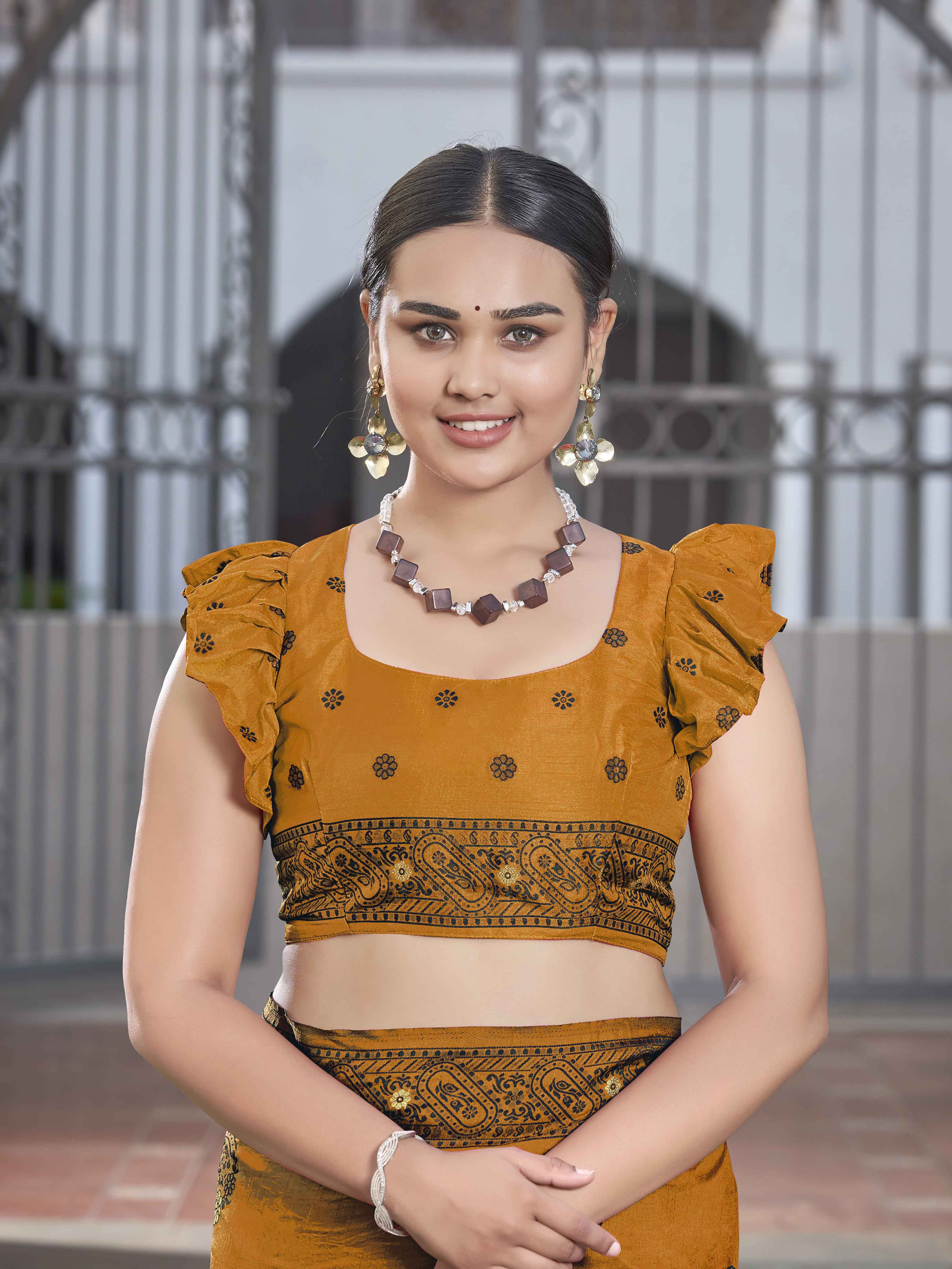 MANOHARI Banarasi Silk Blend Jacquard Work Saree - Mustard - Dista