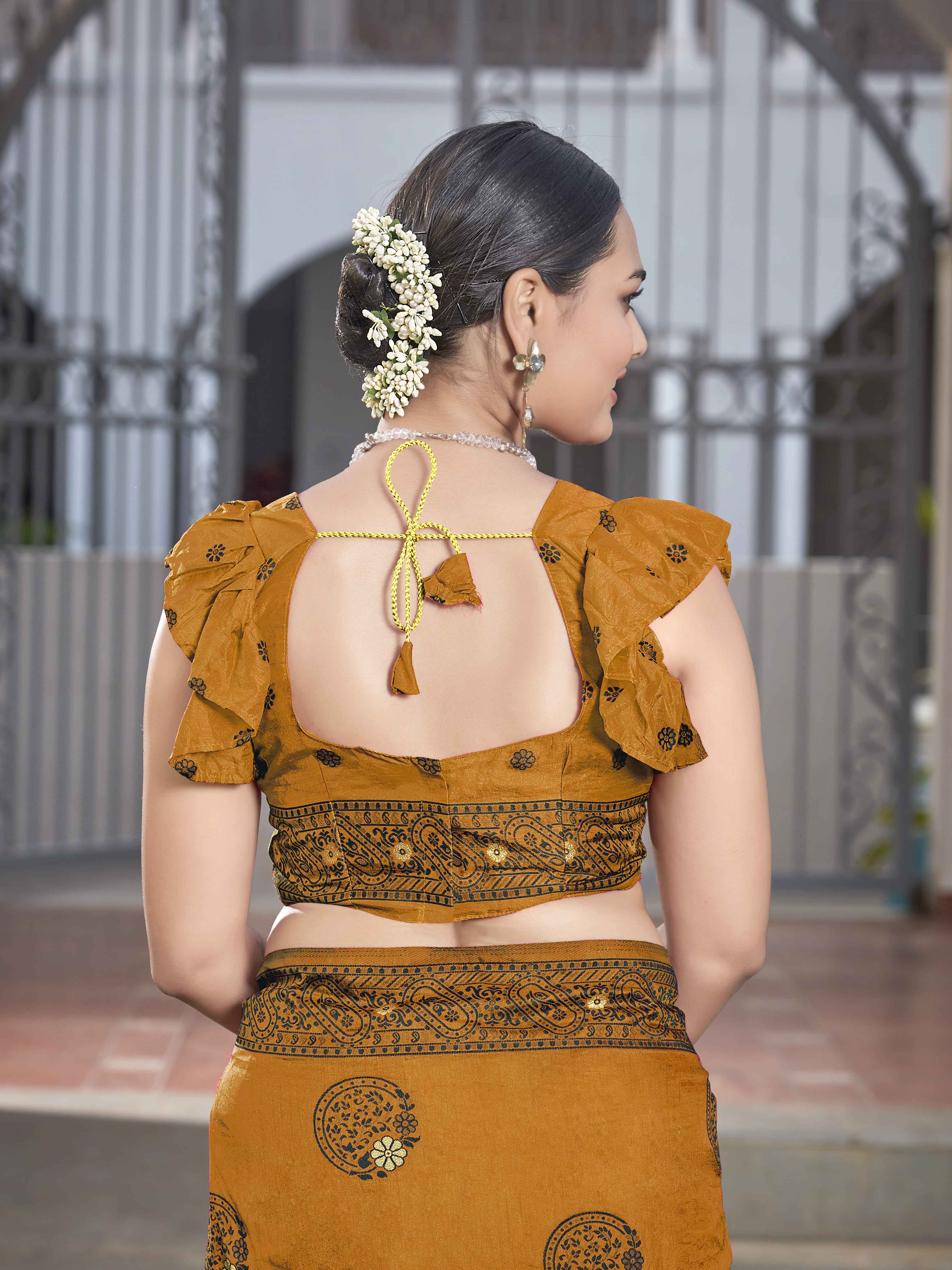 MANOHARI Banarasi Silk Blend Jacquard Work Saree - Mustard - Dista