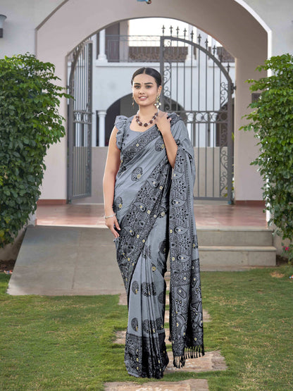 MANOHARI Banarasi Silk Blend Jacquard Work Saree - Grey - Dista