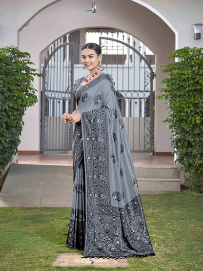 MANOHARI Banarasi Silk Blend Jacquard Work Saree - Grey - Dista