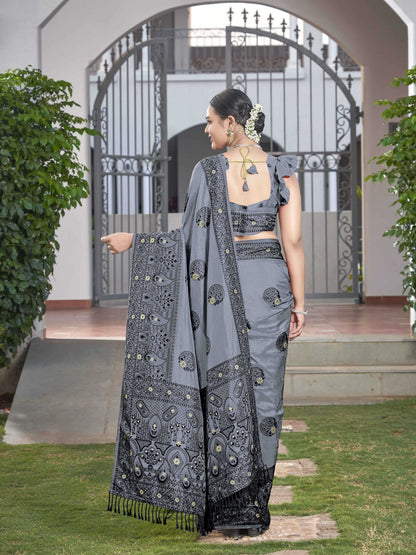 MANOHARI Banarasi Silk Blend Jacquard Work Saree - Grey - Dista