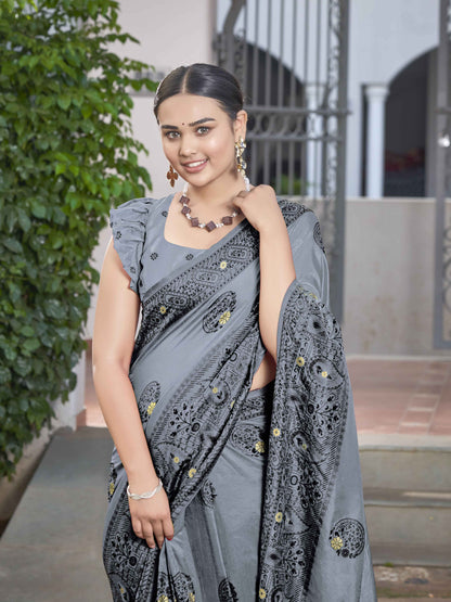MANOHARI Banarasi Silk Blend Jacquard Work Saree - Grey - Dista