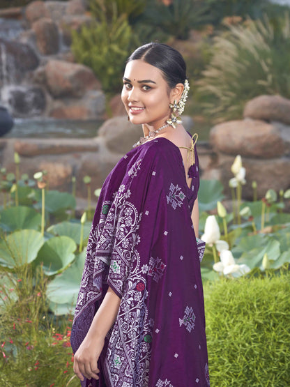 MANOHARI Banarasi Silk Blend Jacquard Work Saree - Purple - Dista