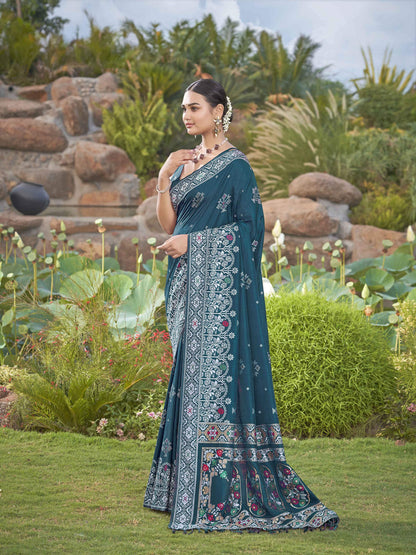 MANOHARI Banarasi Silk Blend Jacquard Work Saree - Blue - Dista