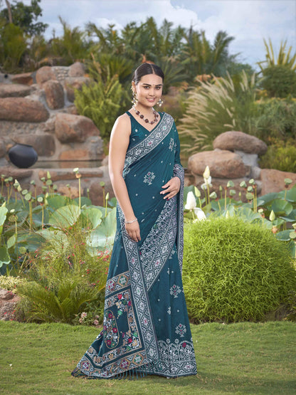 MANOHARI Banarasi Silk Blend Jacquard Work Saree - Blue - Dista