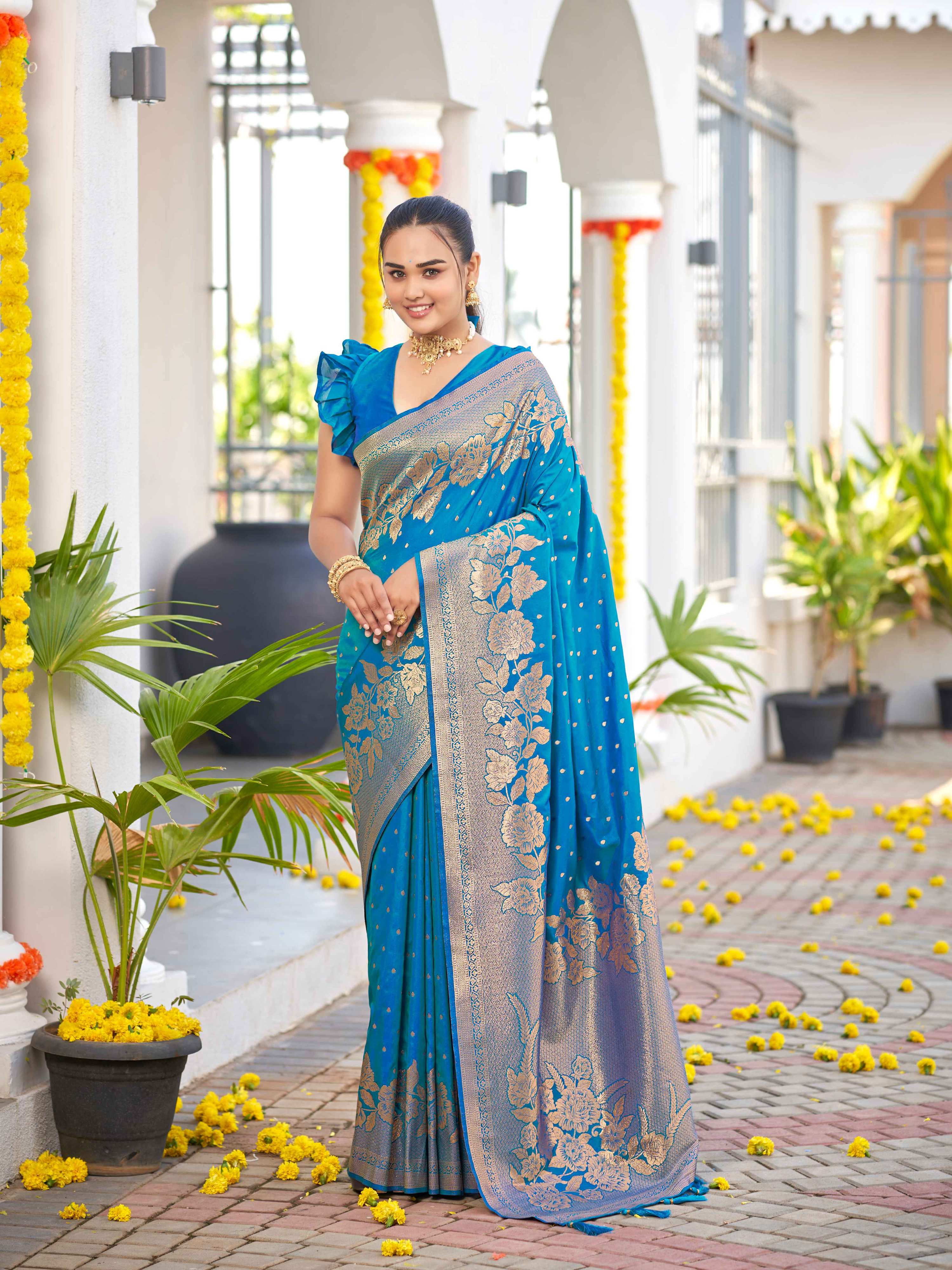 MANOHARI Banarasi Silk Blend Jacquard Work Saree - Blue - Dista