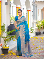 Thumbnail for MANOHARI Banarasi Silk Blend Jacquard Work Saree - Blue - Dista