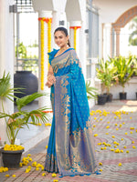 Thumbnail for MANOHARI Banarasi Silk Blend Jacquard Work Saree - Blue - Dista