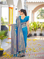 Thumbnail for MANOHARI Banarasi Silk Blend Jacquard Work Saree - Blue - Dista