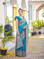 Thumbnail for MANOHARI Banarasi Silk Blend Jacquard Work Saree - Blue - Dista