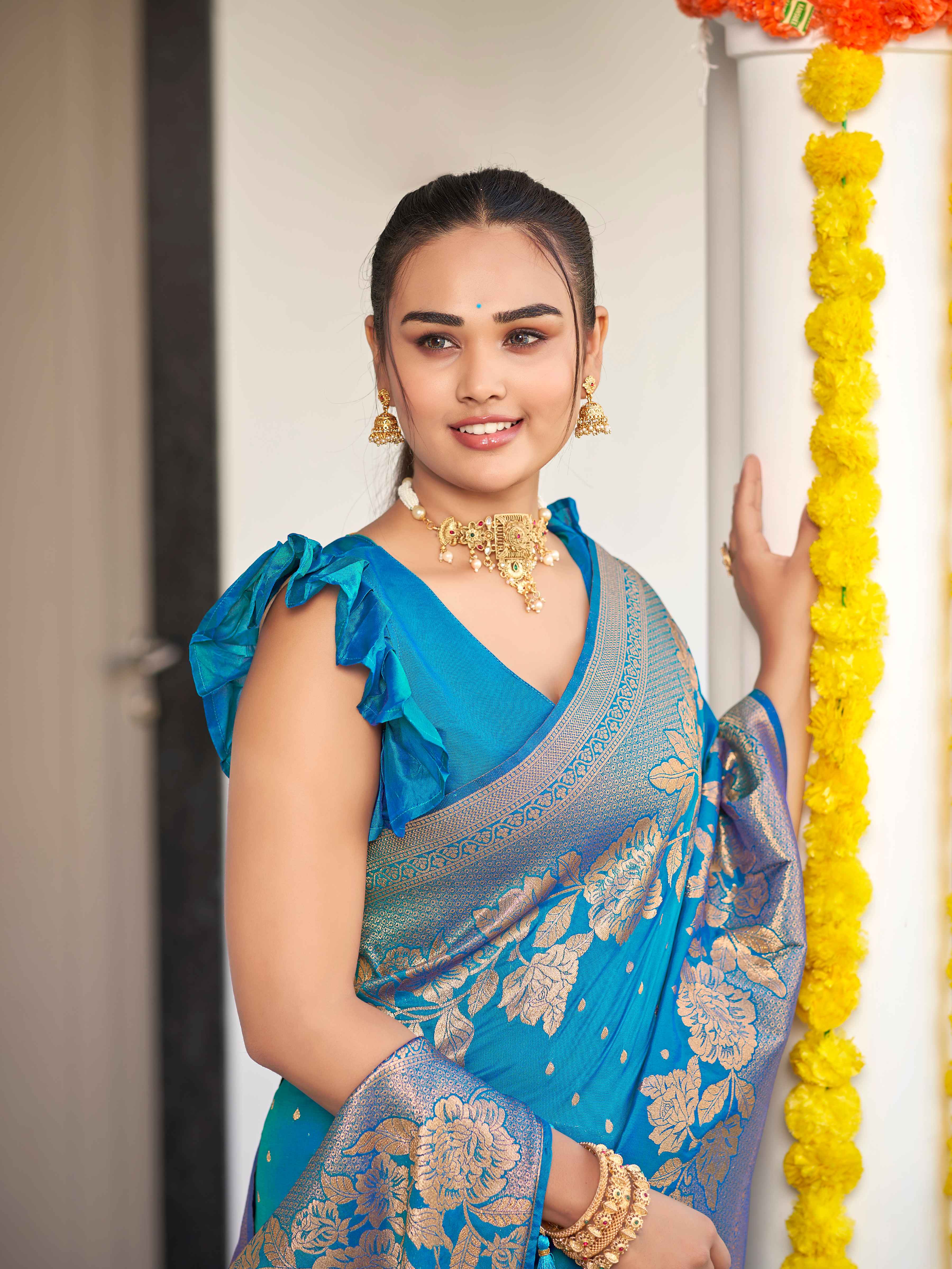 MANOHARI Banarasi Silk Blend Jacquard Work Saree - Blue - Dista