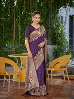 Thumbnail for MANOHARI Banarasi Silk Blend Jacquard Work Saree - Purple - Dista