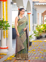 Thumbnail for MANOHARI Banarasi Silk Blend Jacquard Work Saree - Green - Dista