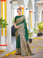 Thumbnail for MANOHARI Banarasi Silk Blend Jacquard Work Saree - Green - Dista