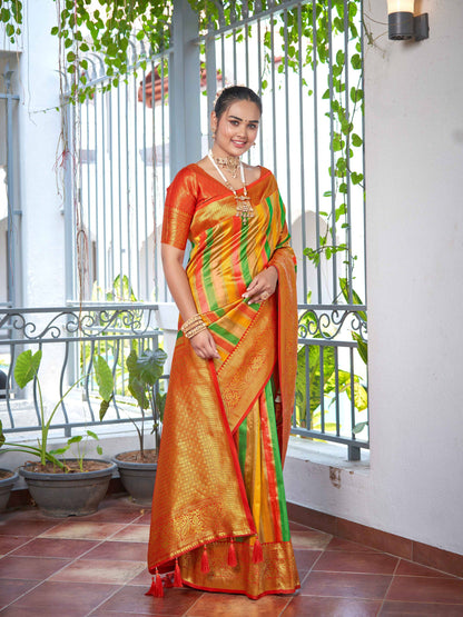 MANOHARI Banarasi Silk Blend Jacquard Work Saree - Red - Dista
