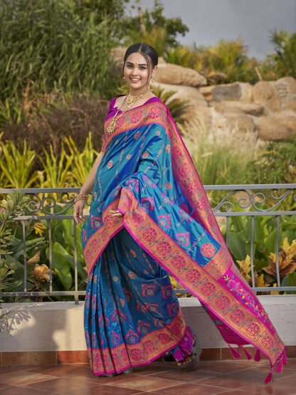 MANOHARI Banarasi Silk Blend Jacquard Work Saree - Blue - Dista