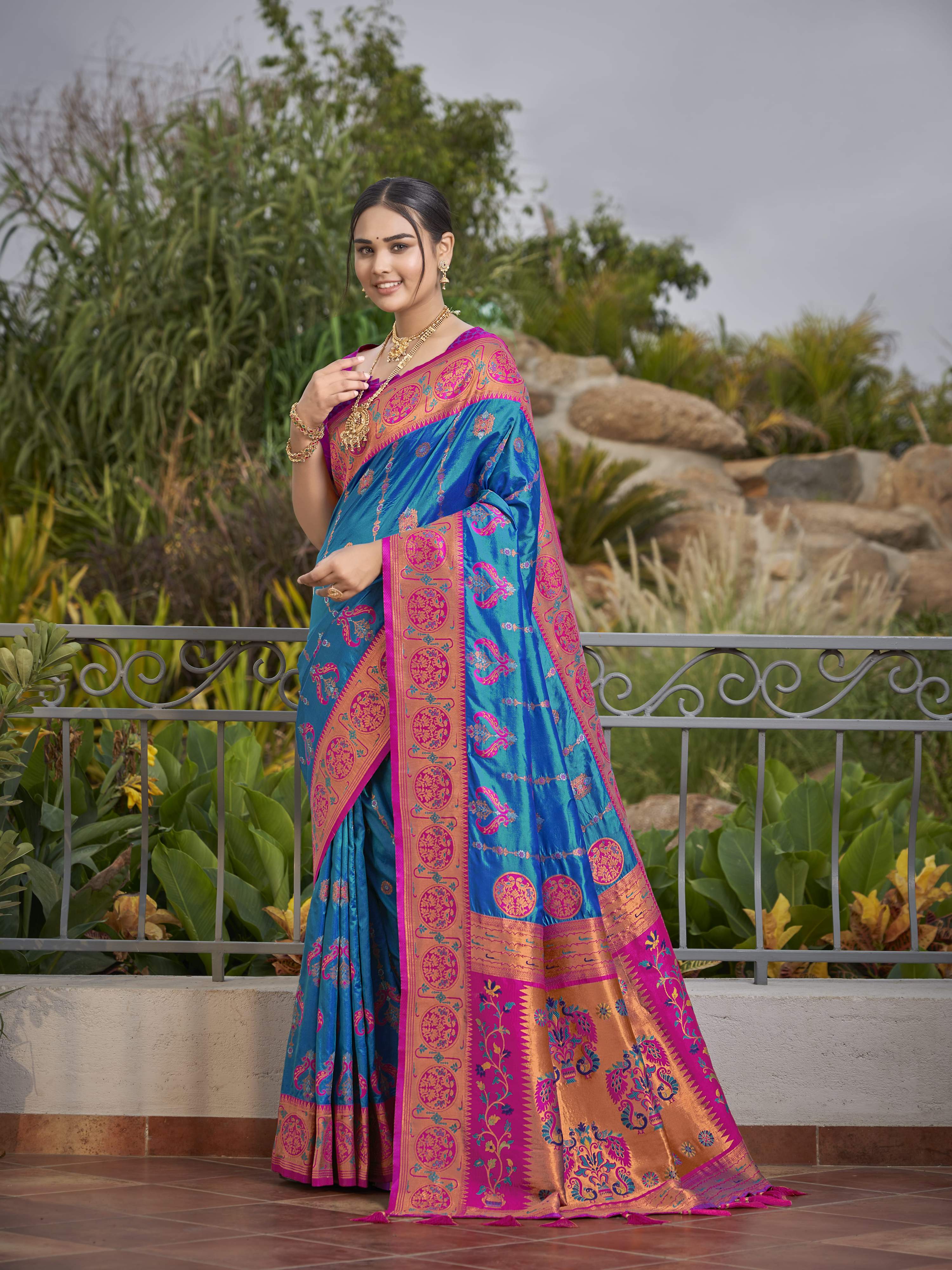 MANOHARI Banarasi Silk Blend Jacquard Work Saree - Blue - Dista