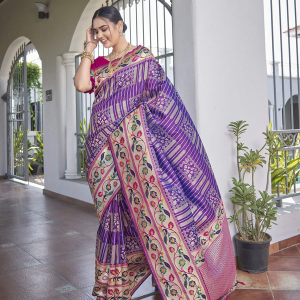 MANOHARI Banarasi Silk Blend Jacquard Work Saree - Purple - Dista