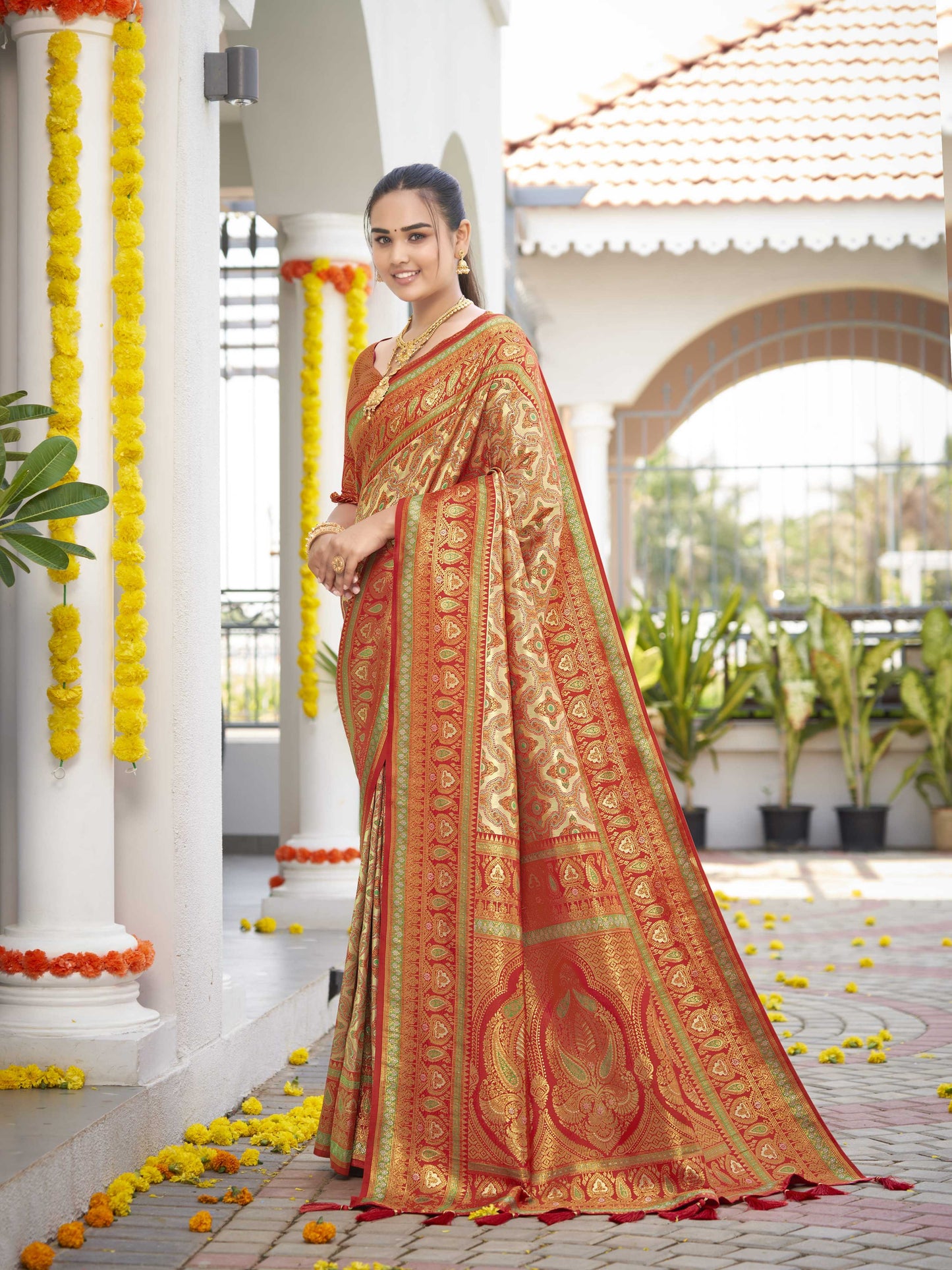 MANOHARI Banarasi Silk Blend Jacquard Work Saree - Orange - Dista