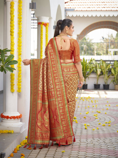 MANOHARI Banarasi Silk Blend Jacquard Work Saree - Orange - Dista