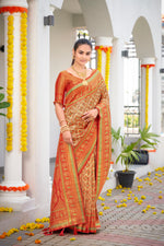 Thumbnail for MANOHARI Banarasi Silk Blend Jacquard Work Saree - Orange - Dista