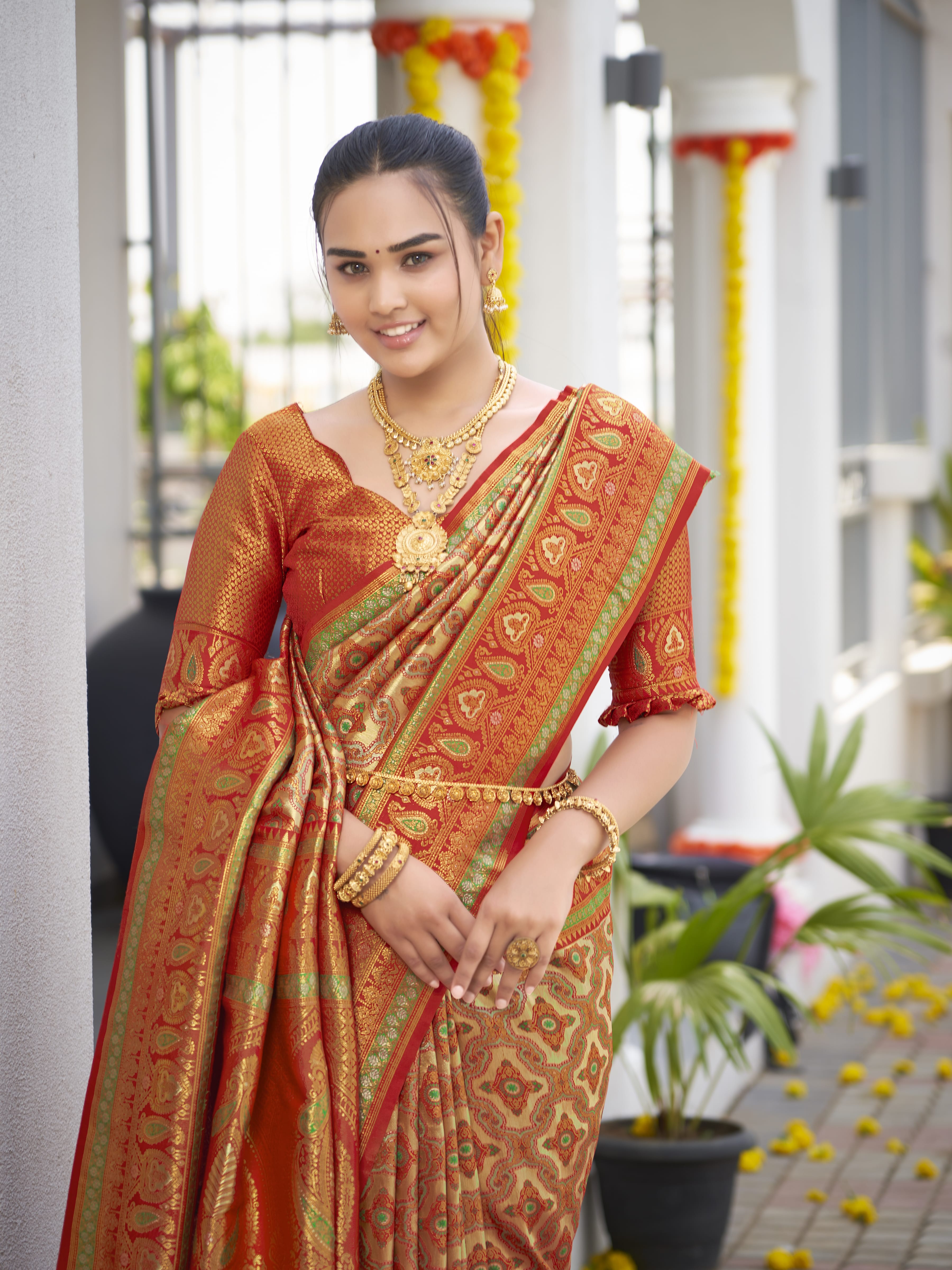 MANOHARI Banarasi Silk Blend Jacquard Work Saree - Orange - Dista