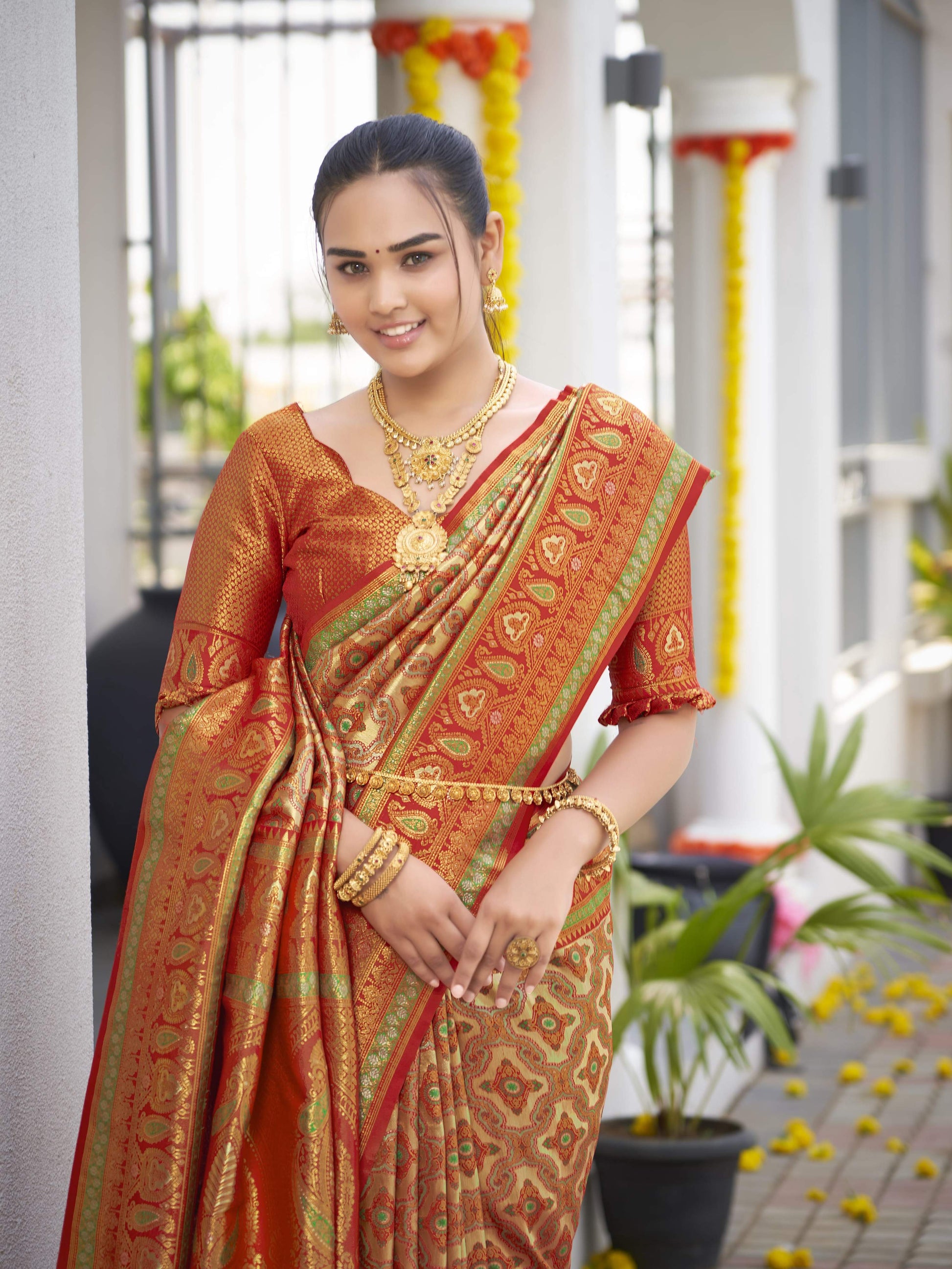 MANOHARI Banarasi Silk Blend Jacquard Work Saree - Orange - Dista