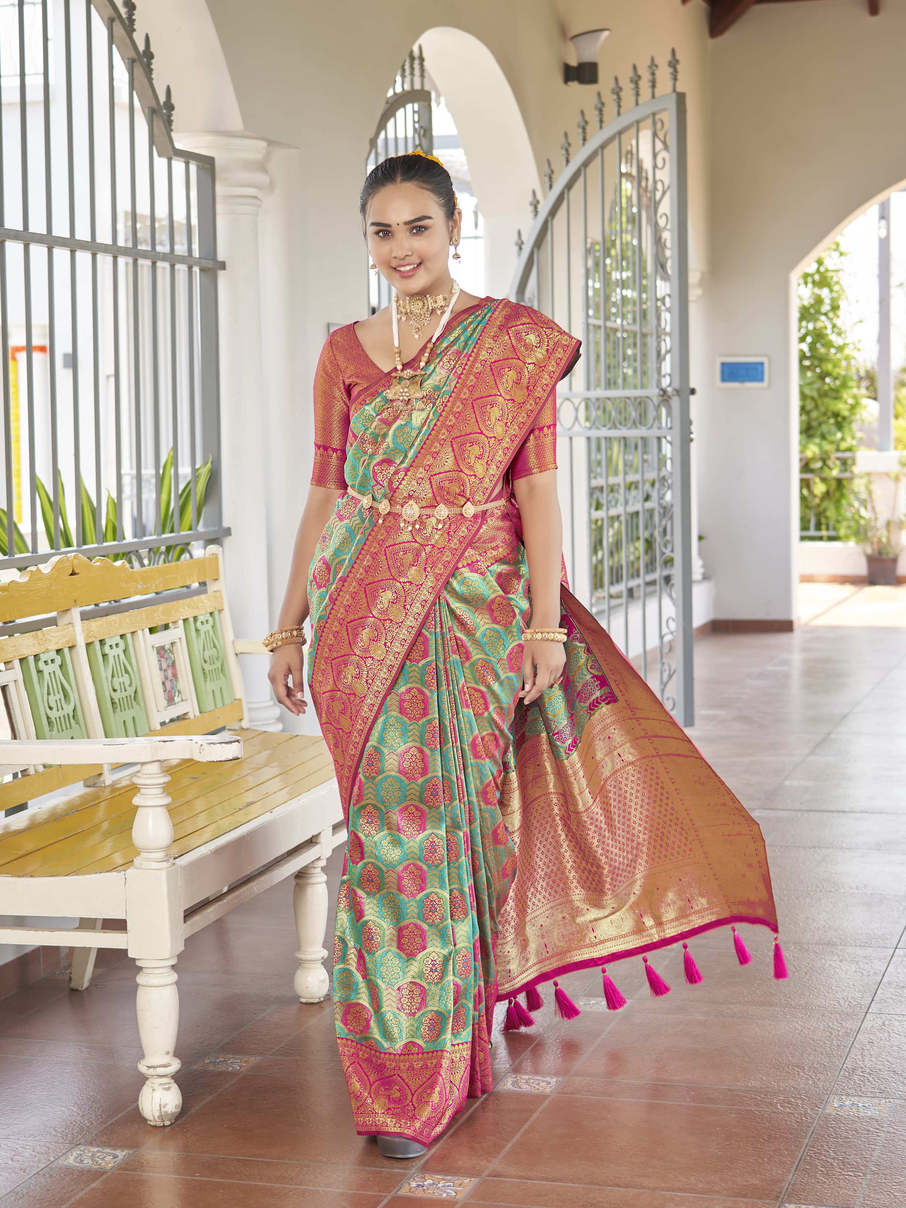 MANOHARI Banarasi Silk Blend Jacquard Work Saree - Blue - Dista