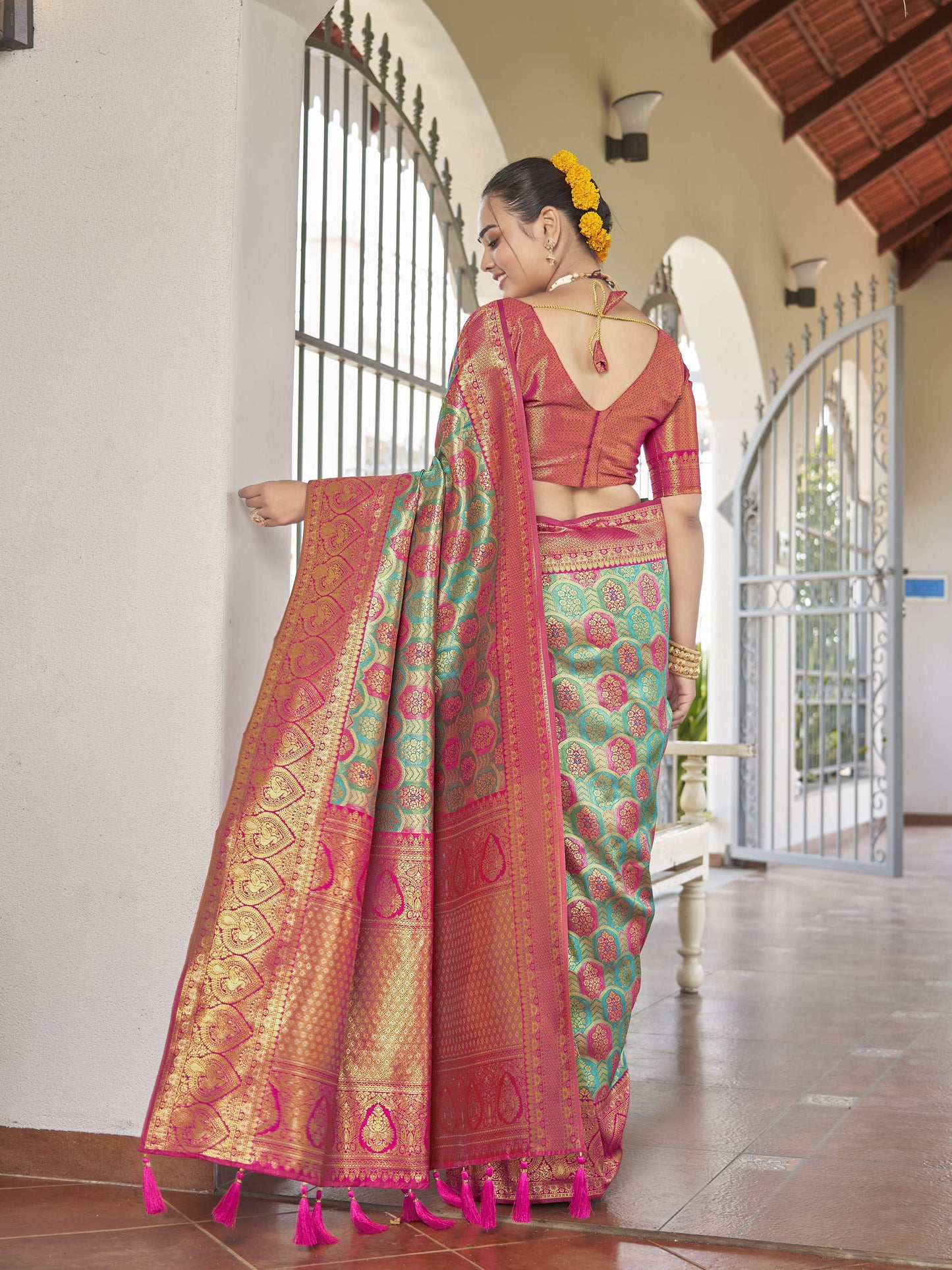 MANOHARI Banarasi Silk Blend Jacquard Work Saree - Blue - Dista