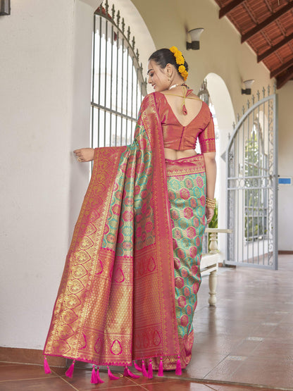 MANOHARI Banarasi Silk Blend Jacquard Work Saree - Blue - Dista