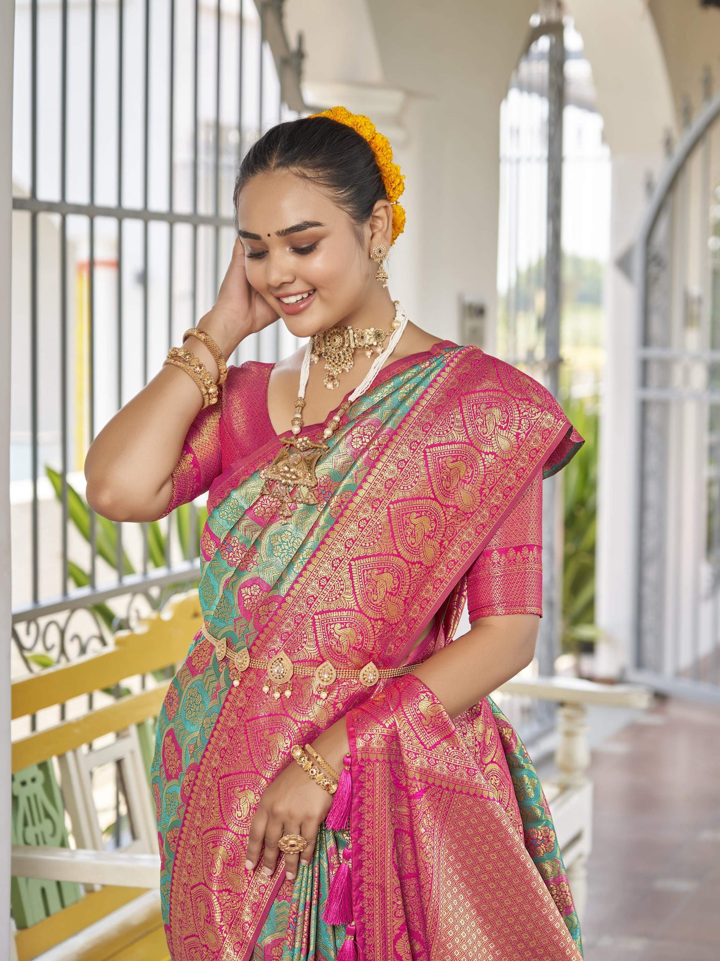 MANOHARI Banarasi Silk Blend Jacquard Work Saree - Blue - Dista