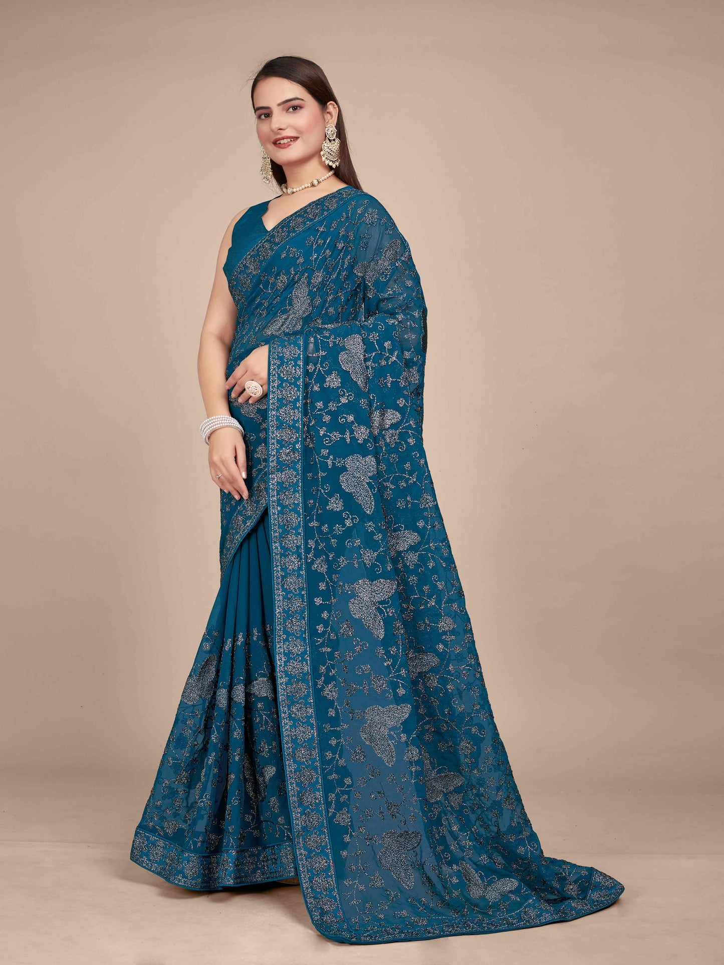 MANOHARI Georgette Embroidered Work Saree - Blue - Dista