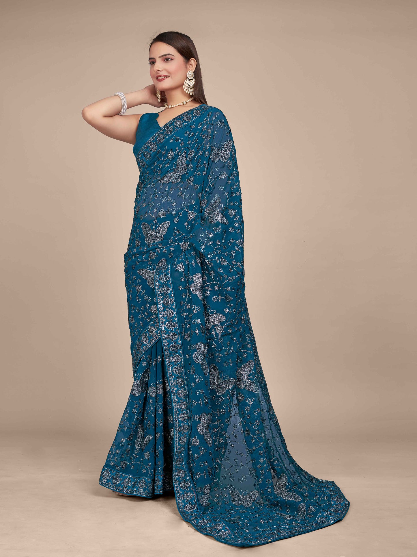 MANOHARI Georgette Embroidered Work Saree - Blue - Dista