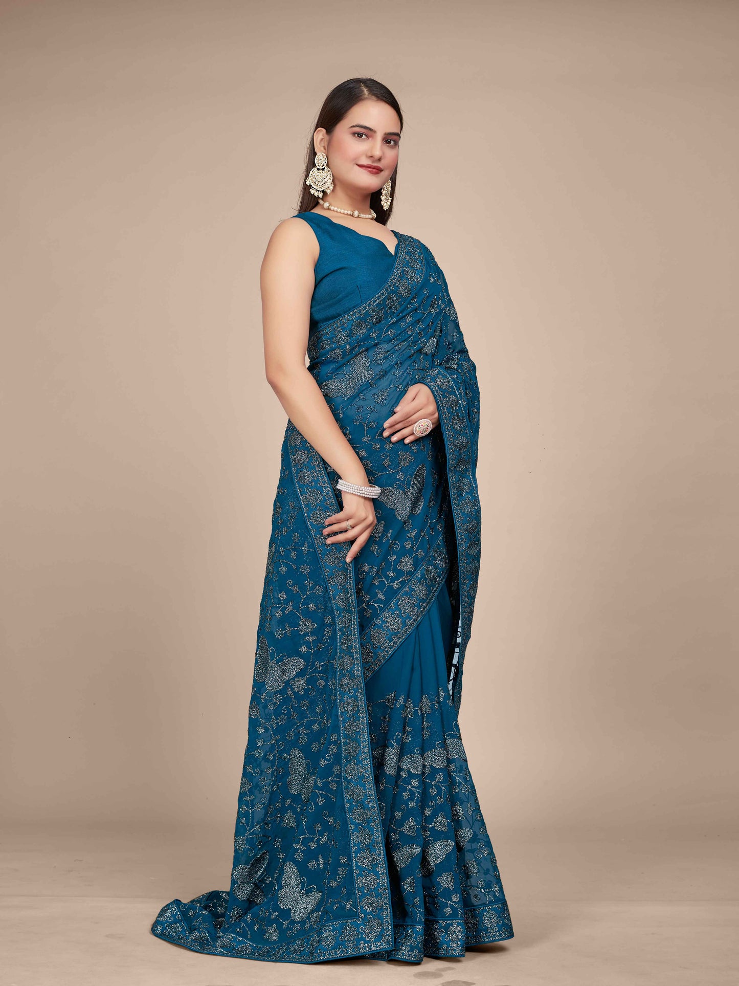 MANOHARI Georgette Embroidered Work Saree - Blue - Dista