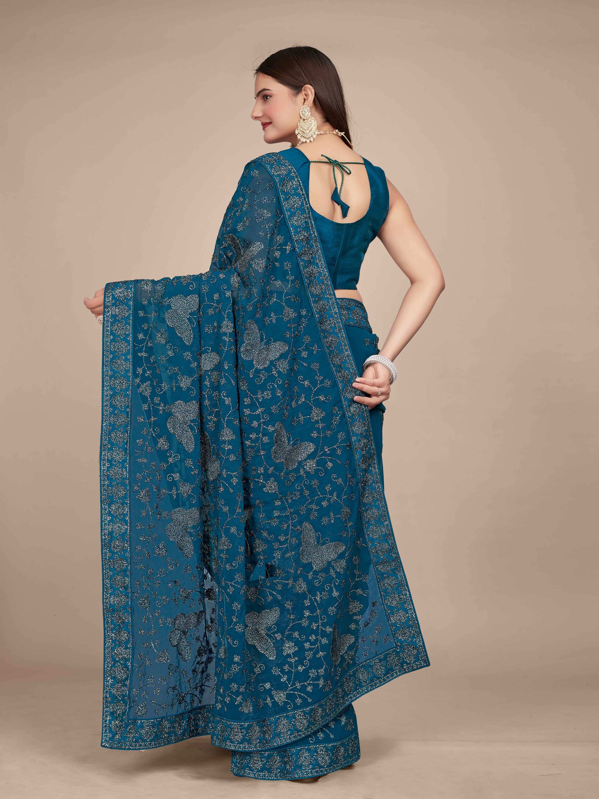 MANOHARI Georgette Embroidered Work Saree - Blue - Dista