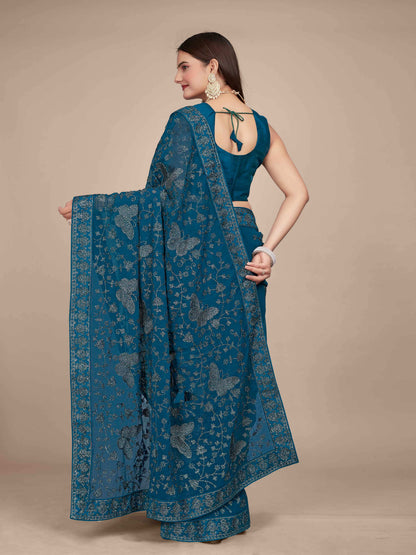 MANOHARI Georgette Embroidered Work Saree - Blue - Dista
