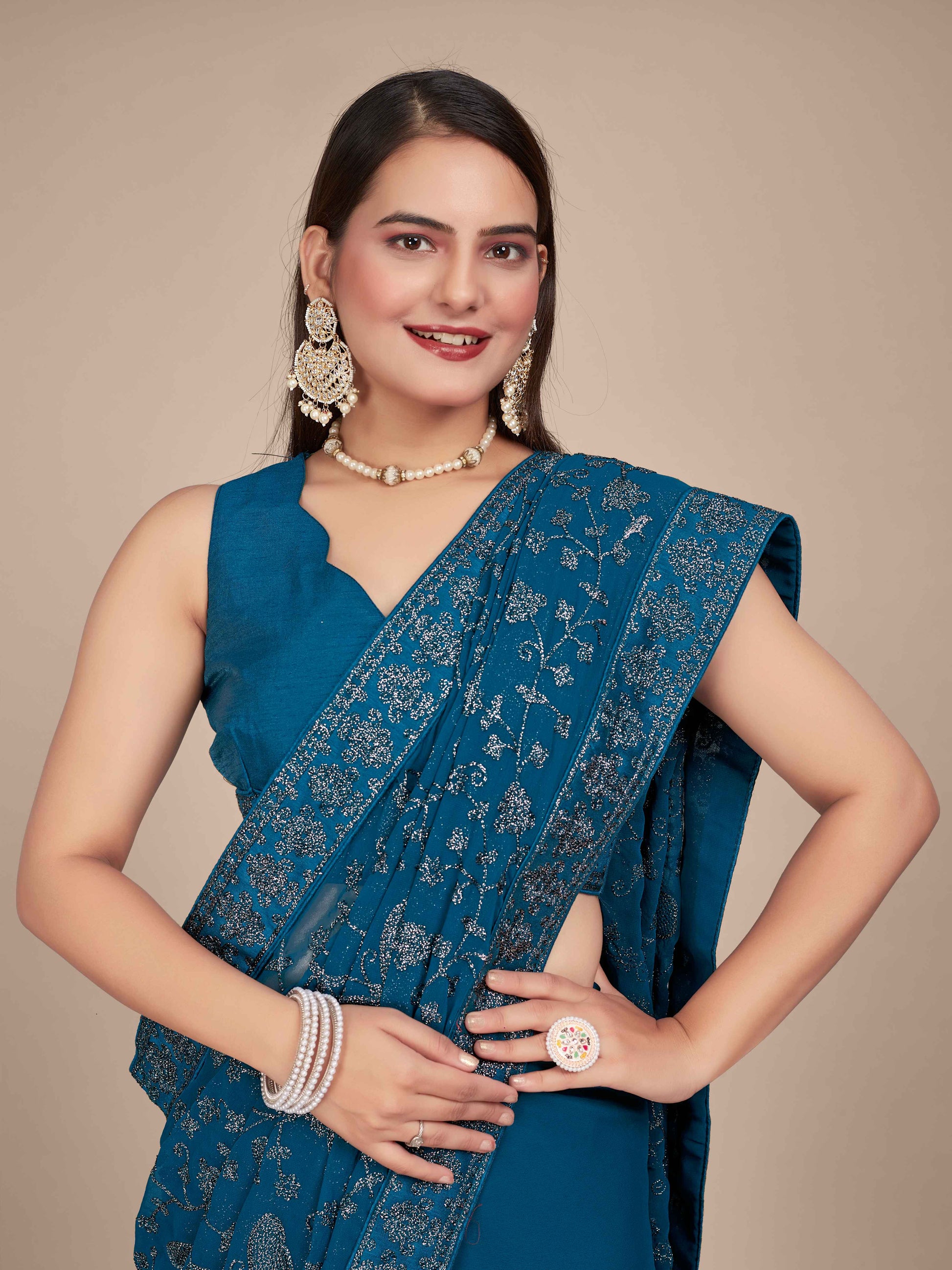 MANOHARI Georgette Embroidered Work Saree - Blue - Dista
