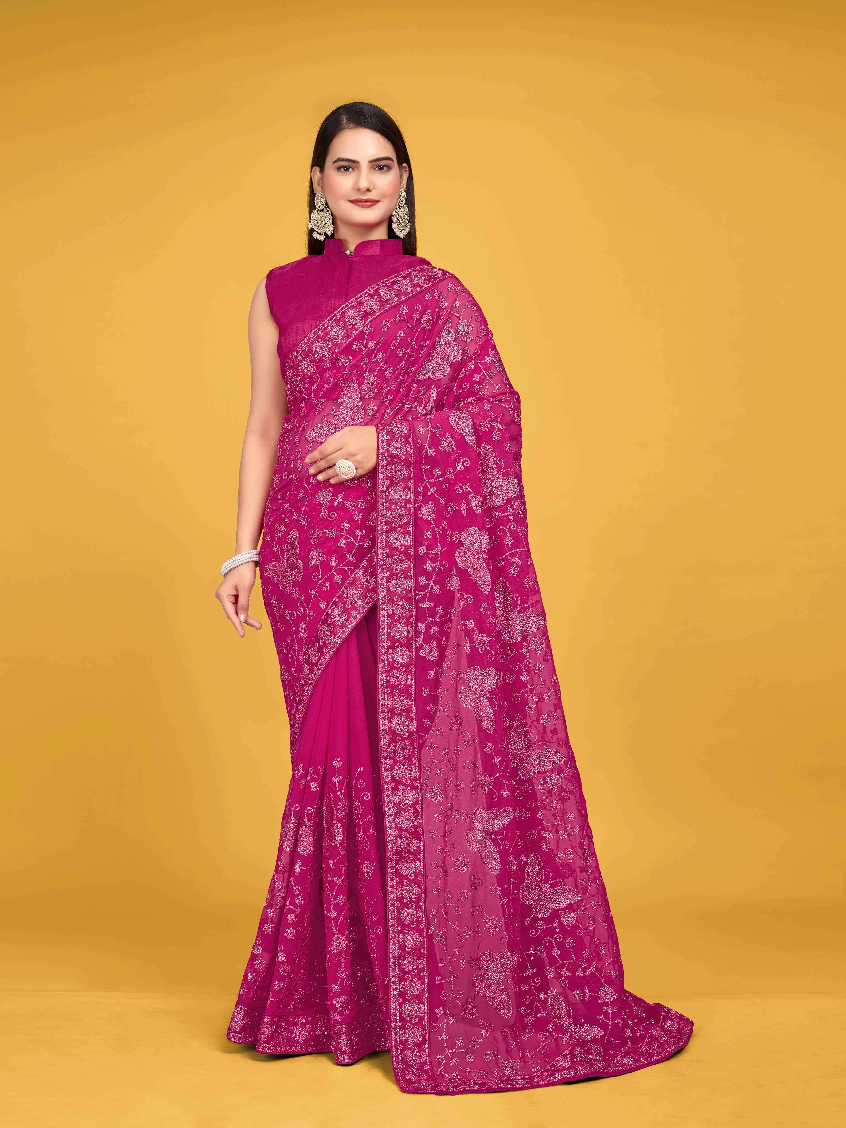 MANOHARI Georgette Embroidered Work Saree - Pink - Dista