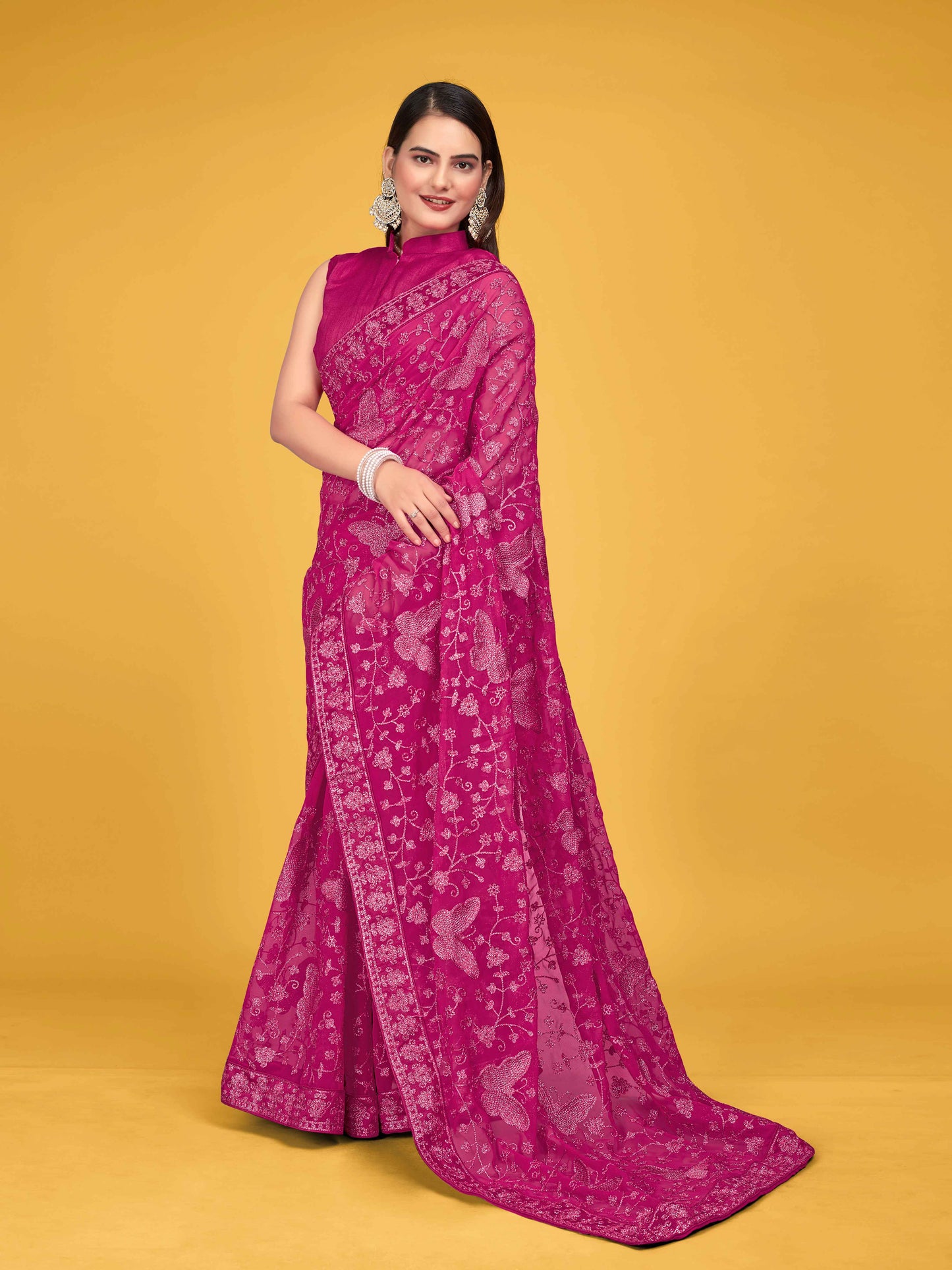 MANOHARI Georgette Embroidered Work Saree - Pink - Dista
