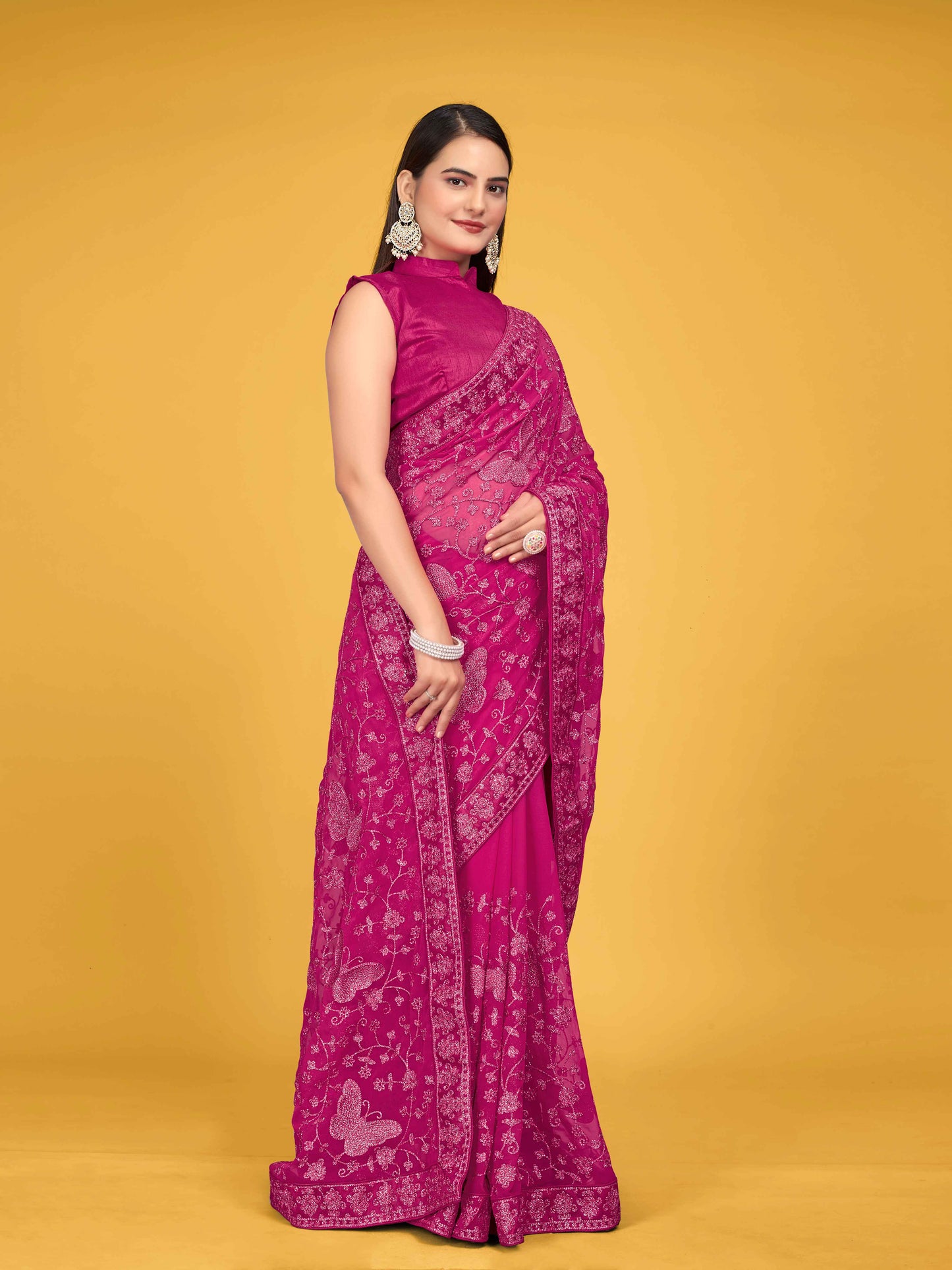 MANOHARI Georgette Embroidered Work Saree - Pink - Dista