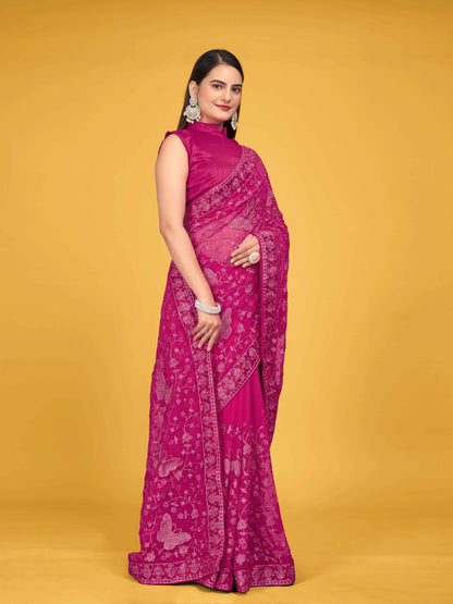 MANOHARI Georgette Embroidered Work Saree - Pink - Dista
