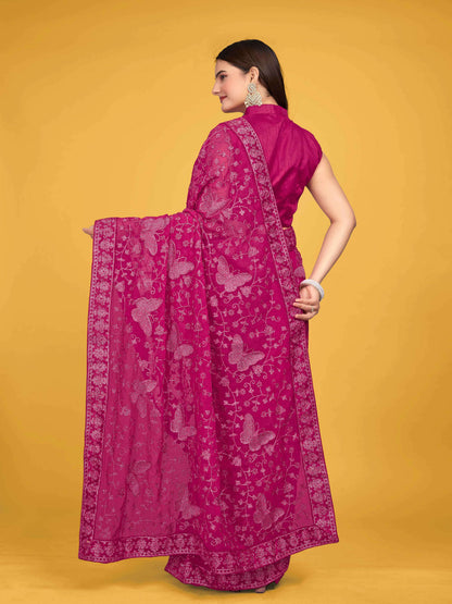 MANOHARI Georgette Embroidered Work Saree - Pink - Dista