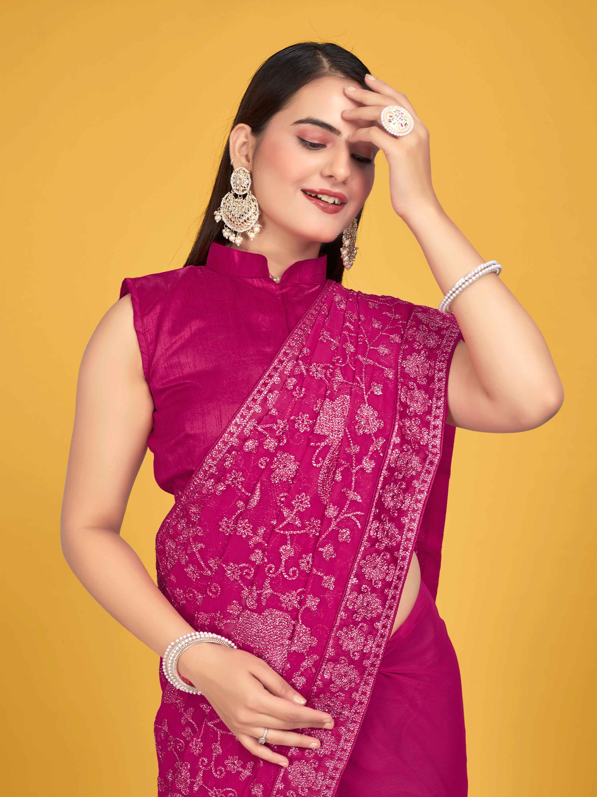 MANOHARI Georgette Embroidered Work Saree - Pink - Dista