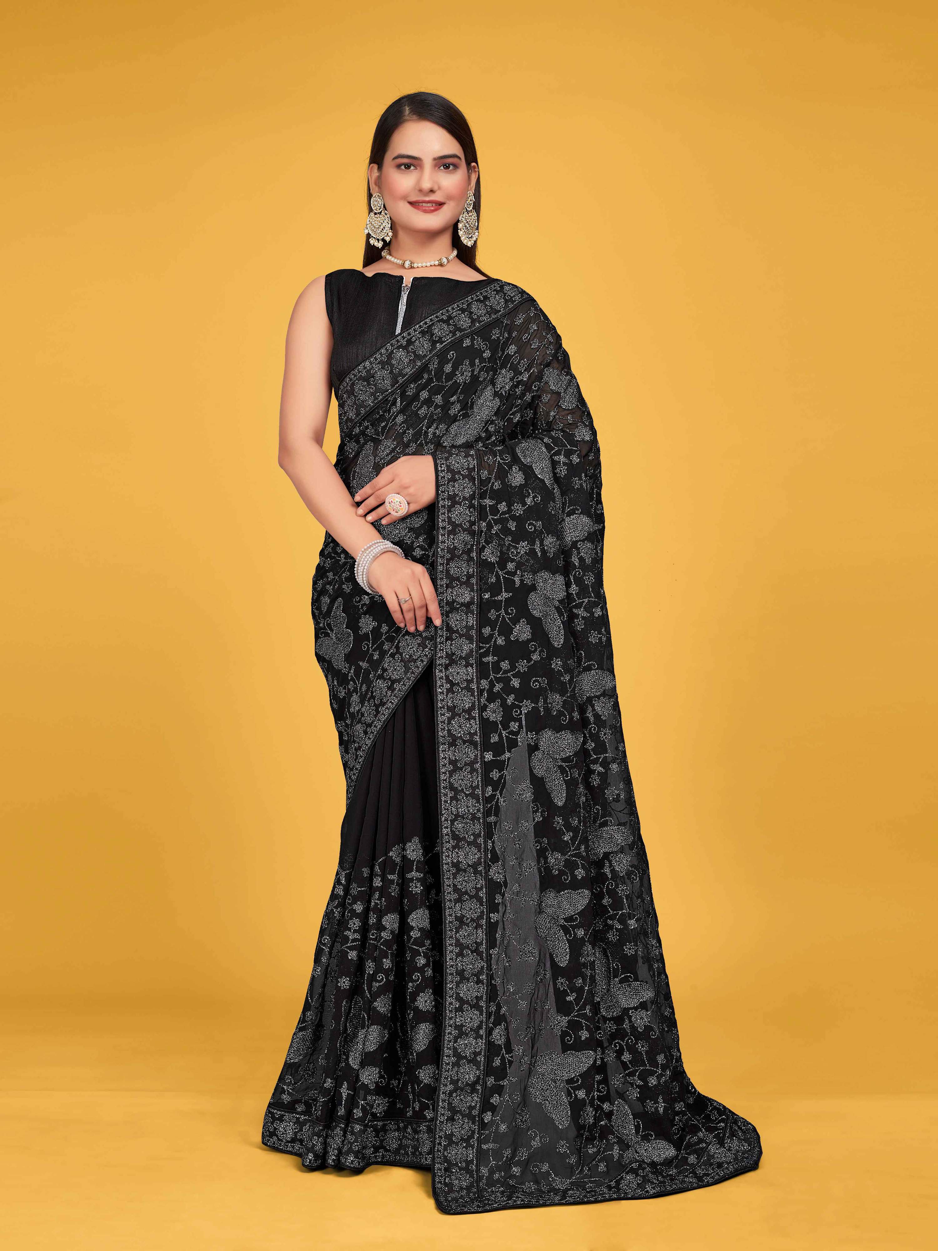 MANOHARI Georgette Embroidered Work Saree - Black - Dista