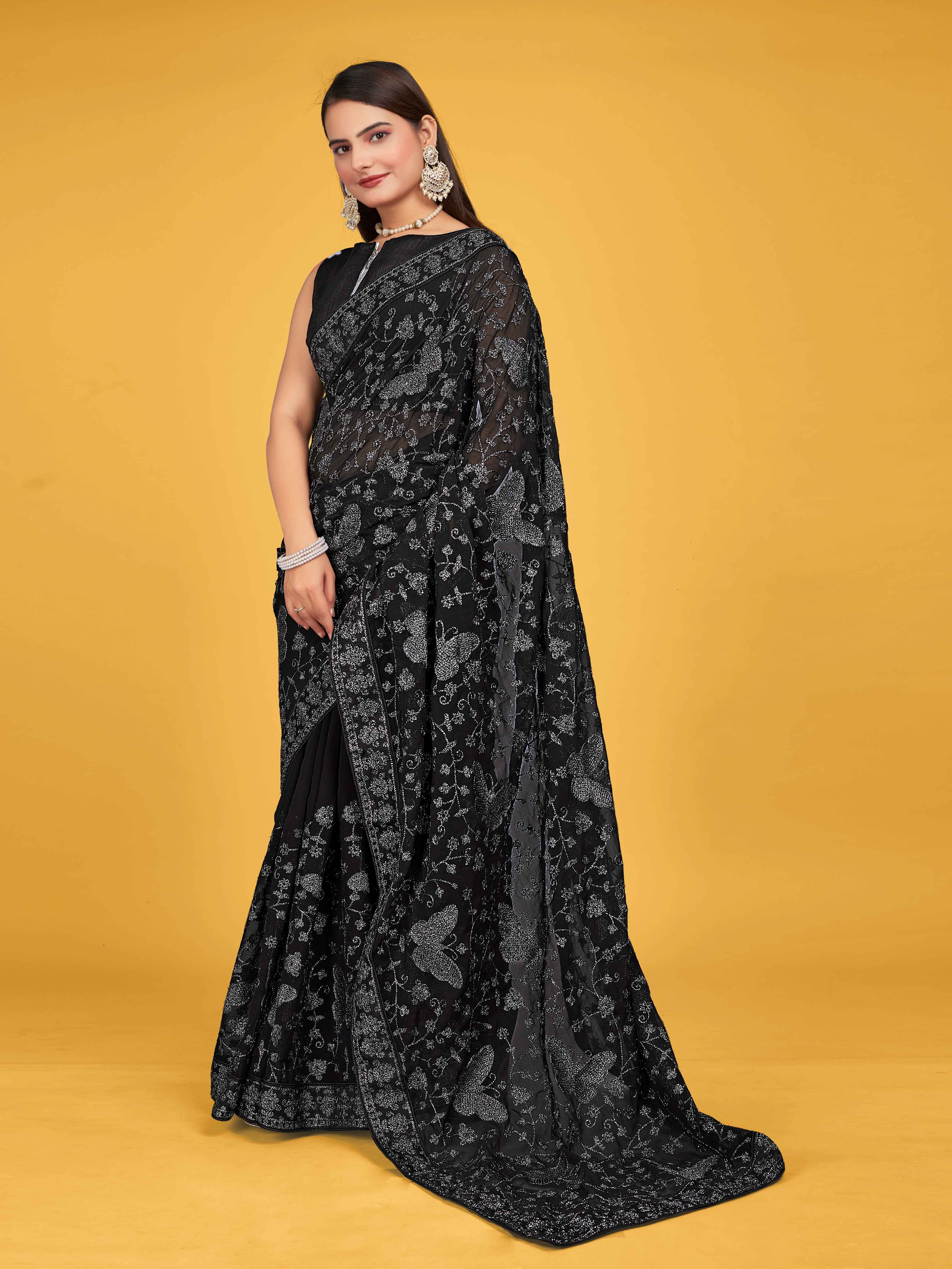 MANOHARI Georgette Embroidered Work Saree - Black - Dista